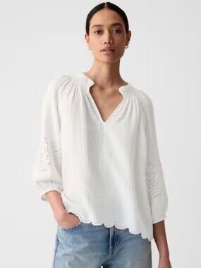 GAP White Peasant-Style Blouse with Eyelet Sleeves Size L Tall